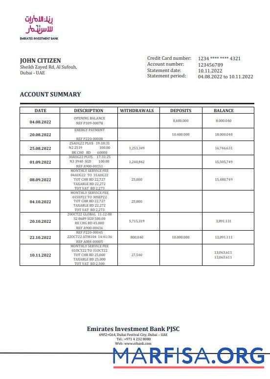 Printable United Arab Emirates Investment bank statement word download for verification